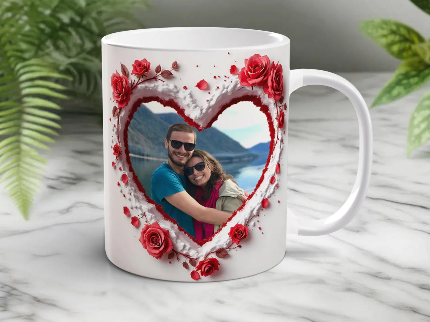 Personalized Red Floral Heart Photo Mug – Custom your image