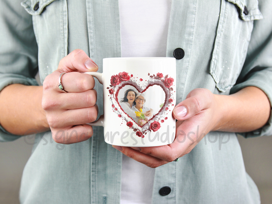 Personalized Red Floral Heart Photo Mug – Custom your image